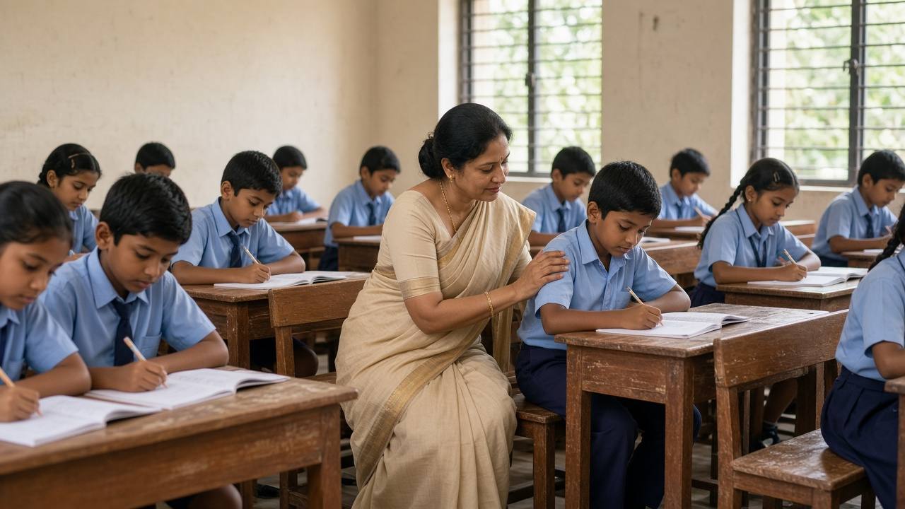 A special educator sitting with a young child during a classroom learning activity