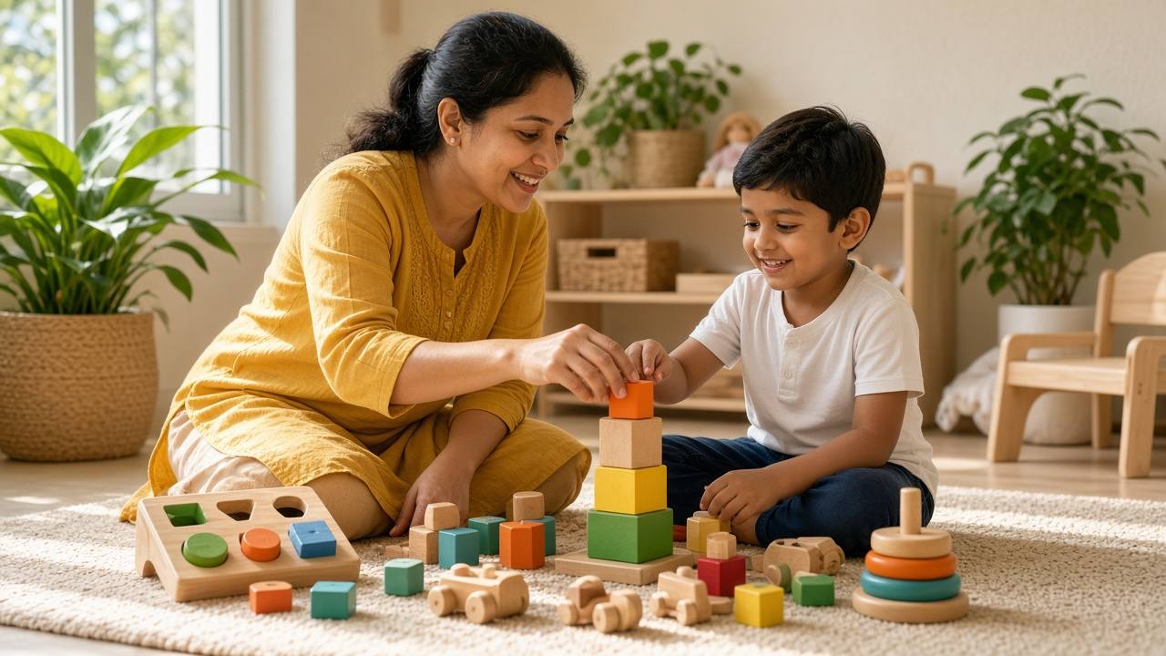 A child and adult sitting on the floor with colourful developmental toys during a home session