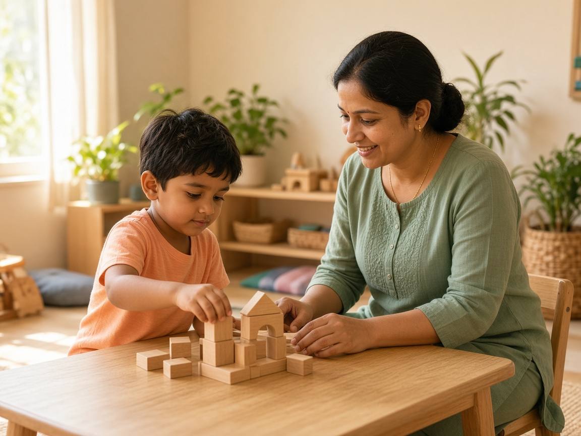 A specialist and child building with educational blocks on the floor